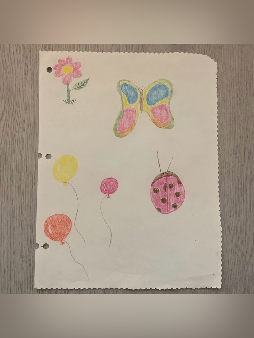 Butterfly, flower, ladybug, balloons drawing